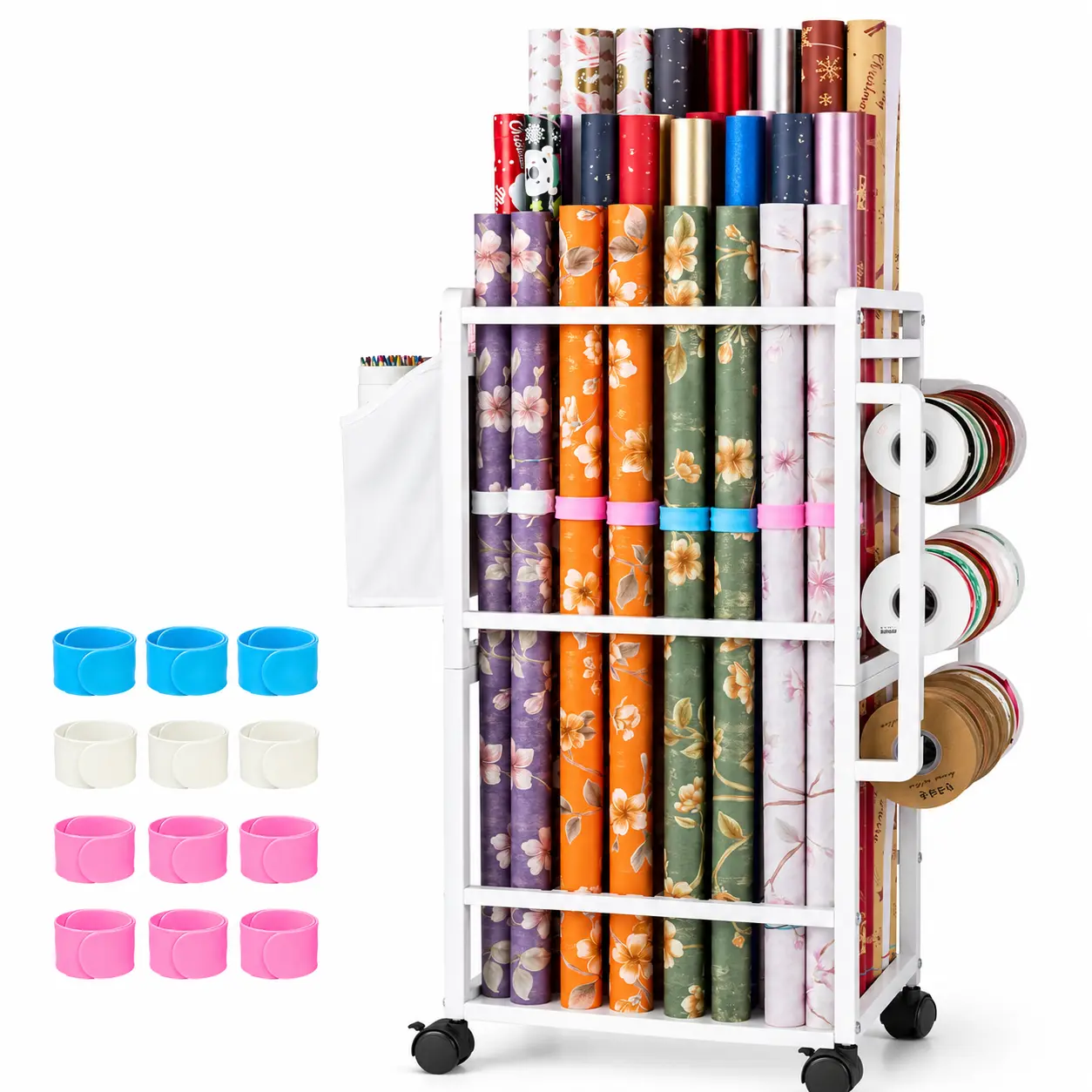 Vertical Gift Wrapping Paper Organizer Rack - Rolling Storage Cart with Adjustable Rod, Ribbon Organizers, 12 PCS Slap Bracelets, White Racks