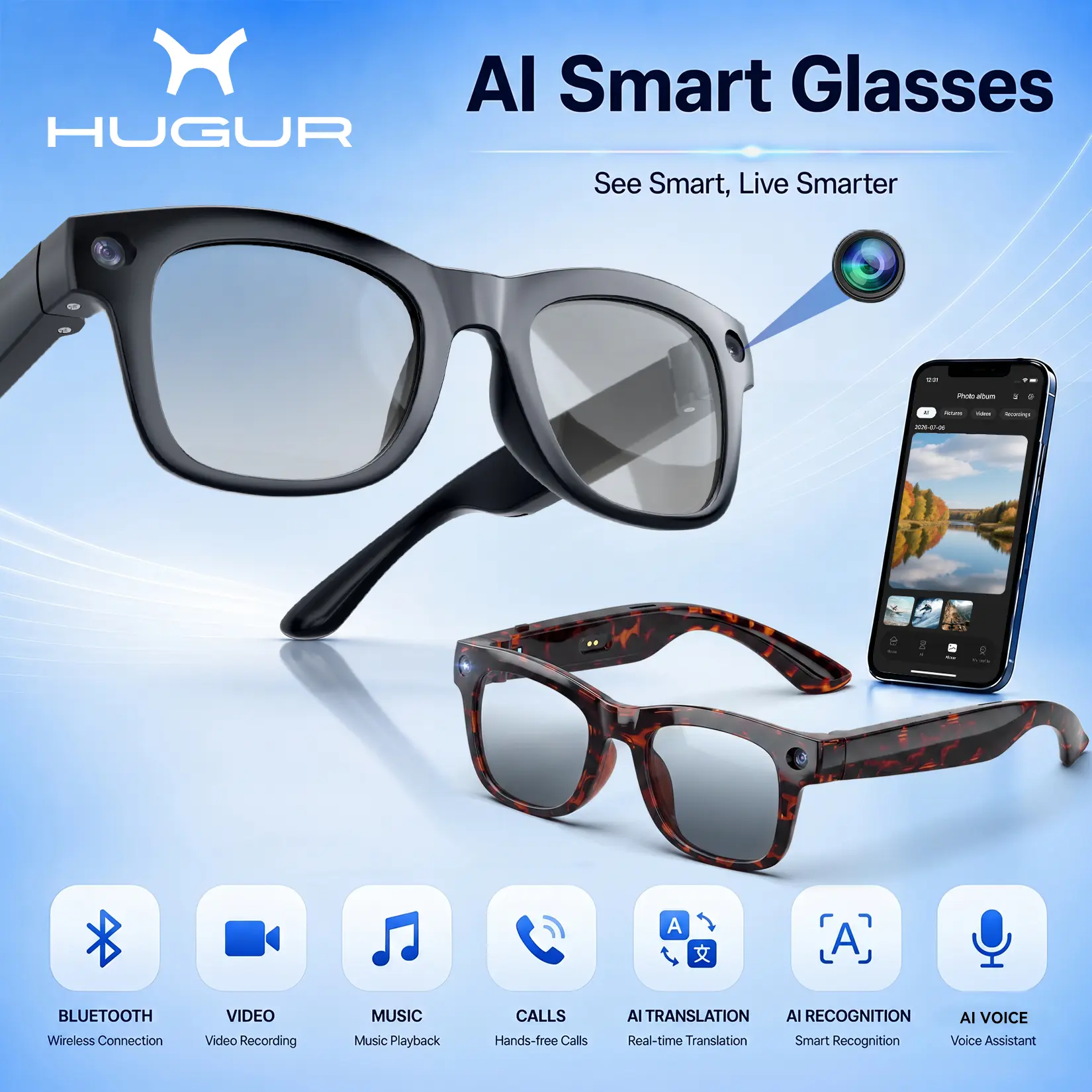HUGUR Smart AI Camera Glasses with 8MP Photochromic Lenses ,Button Touch Adjustment for Travel Outdoor Adventures Hands-Free Photography 160+Languages Real-Time Translation Bluetooth Wireless Wearable Video Recording UV Protection ,Deals For You, Portable