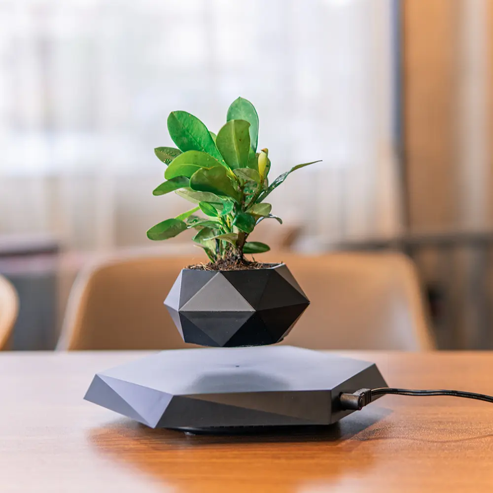 Magnetic Levitating Plant Pot  Floating Planter Black Geometric Levitating Planter, Rotating Suspended Flower Pot for Small Plants & Succulents, Modern Minimalist Home & Office Decor
