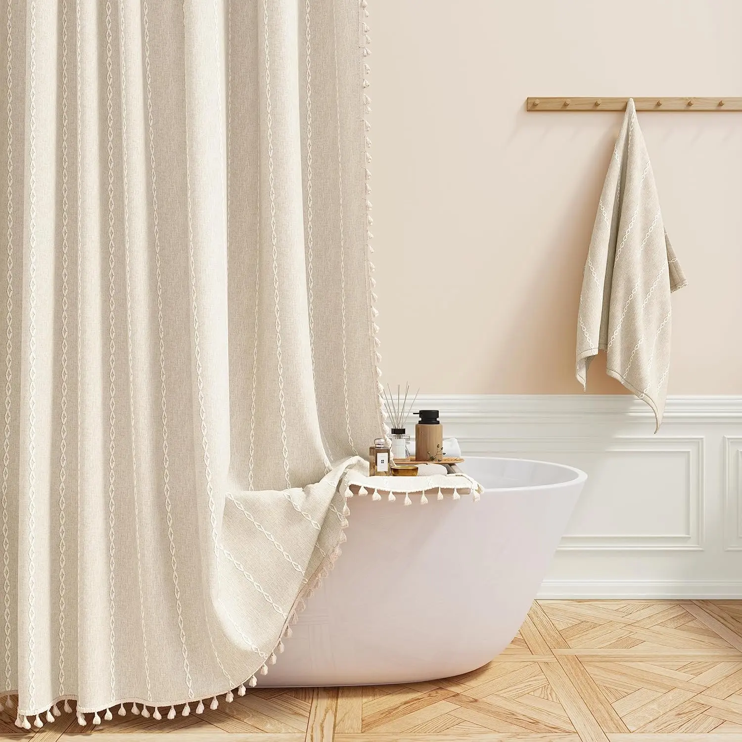 Boho Farmhouse Shower Curtain, Linen Rustic Weighted Striped Cloth Shower Curtain Set with Tassel, Water Repellent, Bohemian Vintage Country Fabric Shower Curtain for Bathroom, Cream/Beige, 72x72