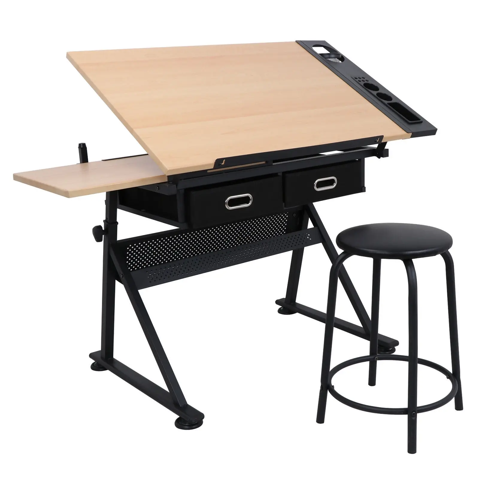 Durable Adjustable Steel Frame Drafting Drawing Table - Tiltable Top, 2 Storage Drawers, Included Stool - Arts and Crafts, Sketching Commercial School Furniture