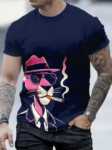 Men's Short Sleeve T-Shirt with Casual Printed Cartoon Panther Geometric Print, Breathable Fabric, Round Neck, Fitted and Stretchy for All Seasons, Ideal for Sports Travel Outdoor Activities and Everyday, Casual Streetwear Top, Casual Wear, Menswear