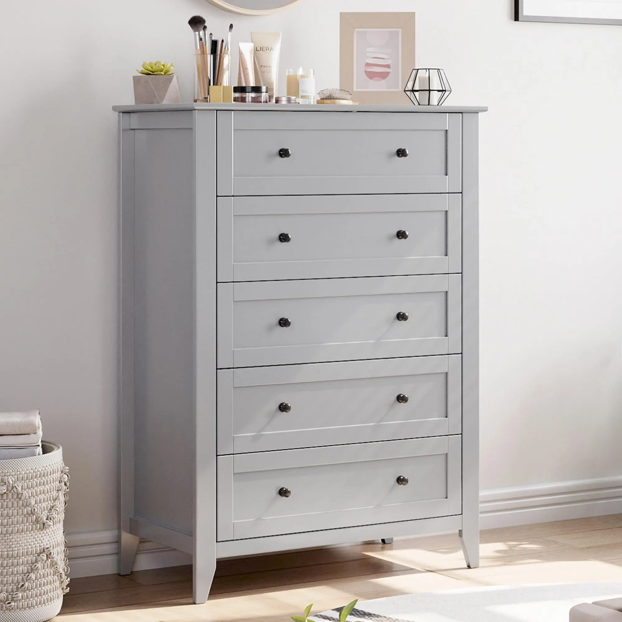 Grey 5 Chest of Drawer Dresser, Modern Grey Organizer Dresser with with Drawers for Bedroom, Living Room, Entryway, 42.5'' Tall