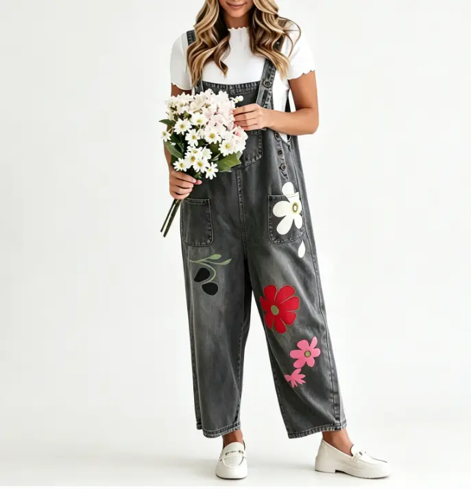DUTUT Women's Denim Baggy Strap Overalls Floral Print Casual Summer Loose Jean Pants Fashion Casual Jumpsuits with Pockets Plus Size for Daily Wear