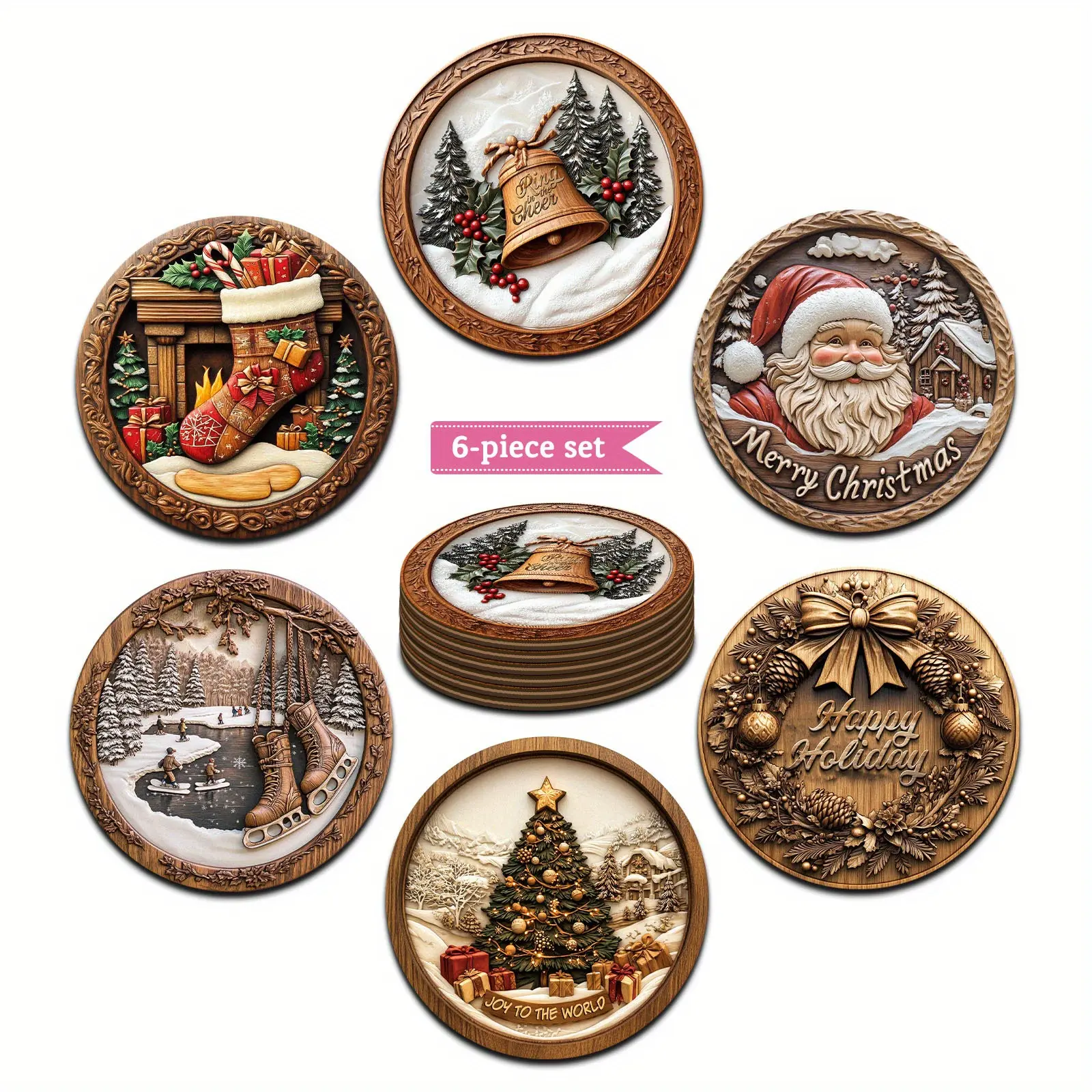 6pcs wooden Christmas coasters set, imitation wood carving pattern printing, perfect home table decoration coasters, Christmas party gathering decorations, Decorative Coaster, Coaster for Desk