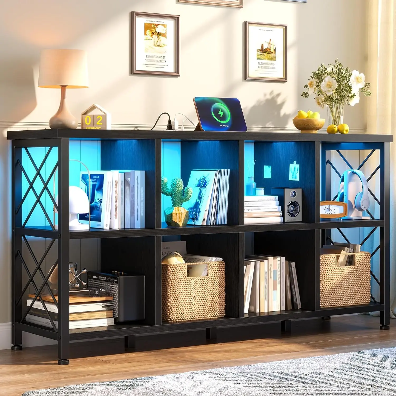 Raybee Furniture 6 & 8 Cube Storage Organizer, Large Capacity with LED Light and Charging Station, Open Wood and Metal Bookshelf for Spring Home Refresh, Long Horizontal Display Rack for Closet Organization, Bedroom, Office, Home Office Decor