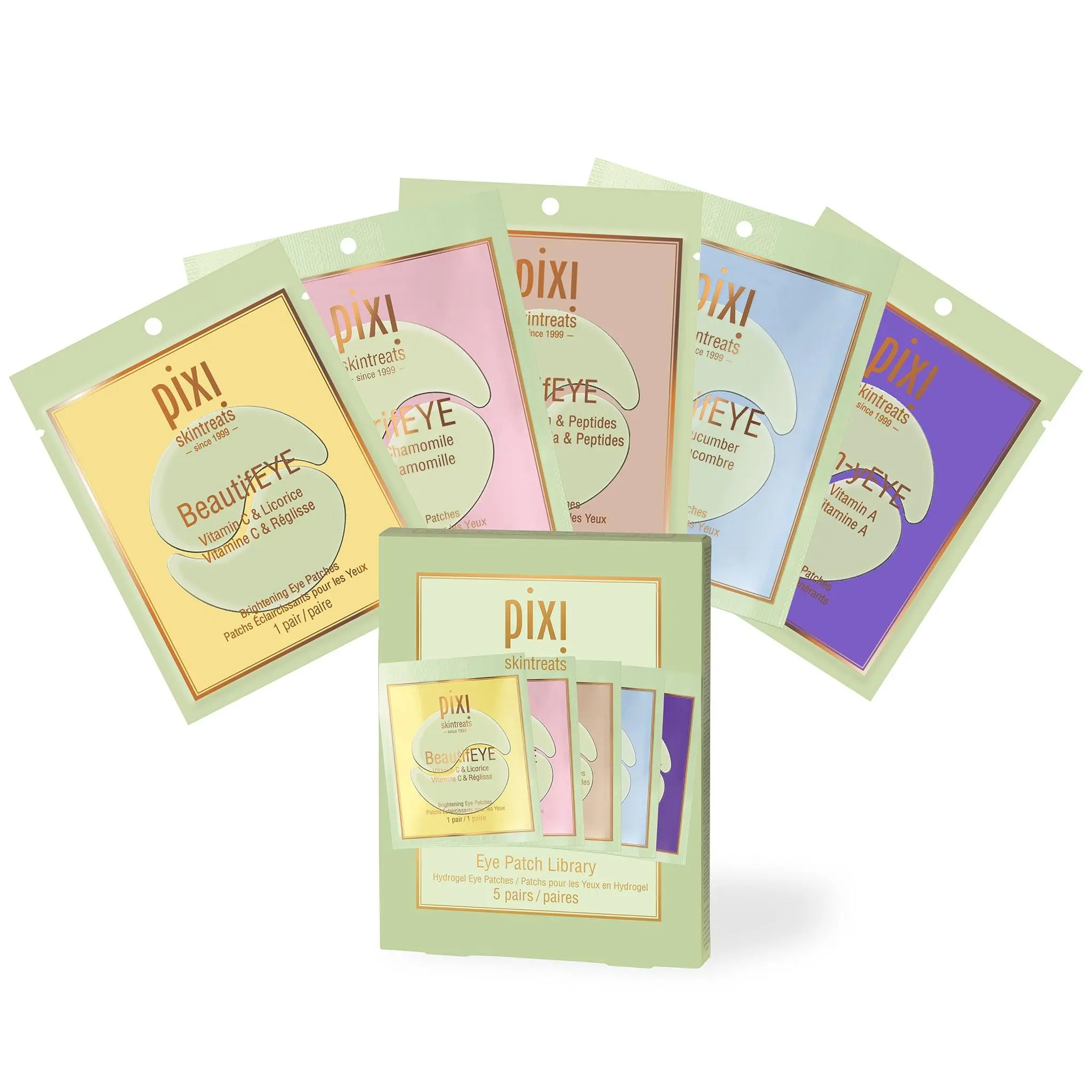 Pixi Eye Patch Library, 5-Piece Set with Cucumber, Chamomile, Calming, Firming, Hydrating Eye Treatment Benefits