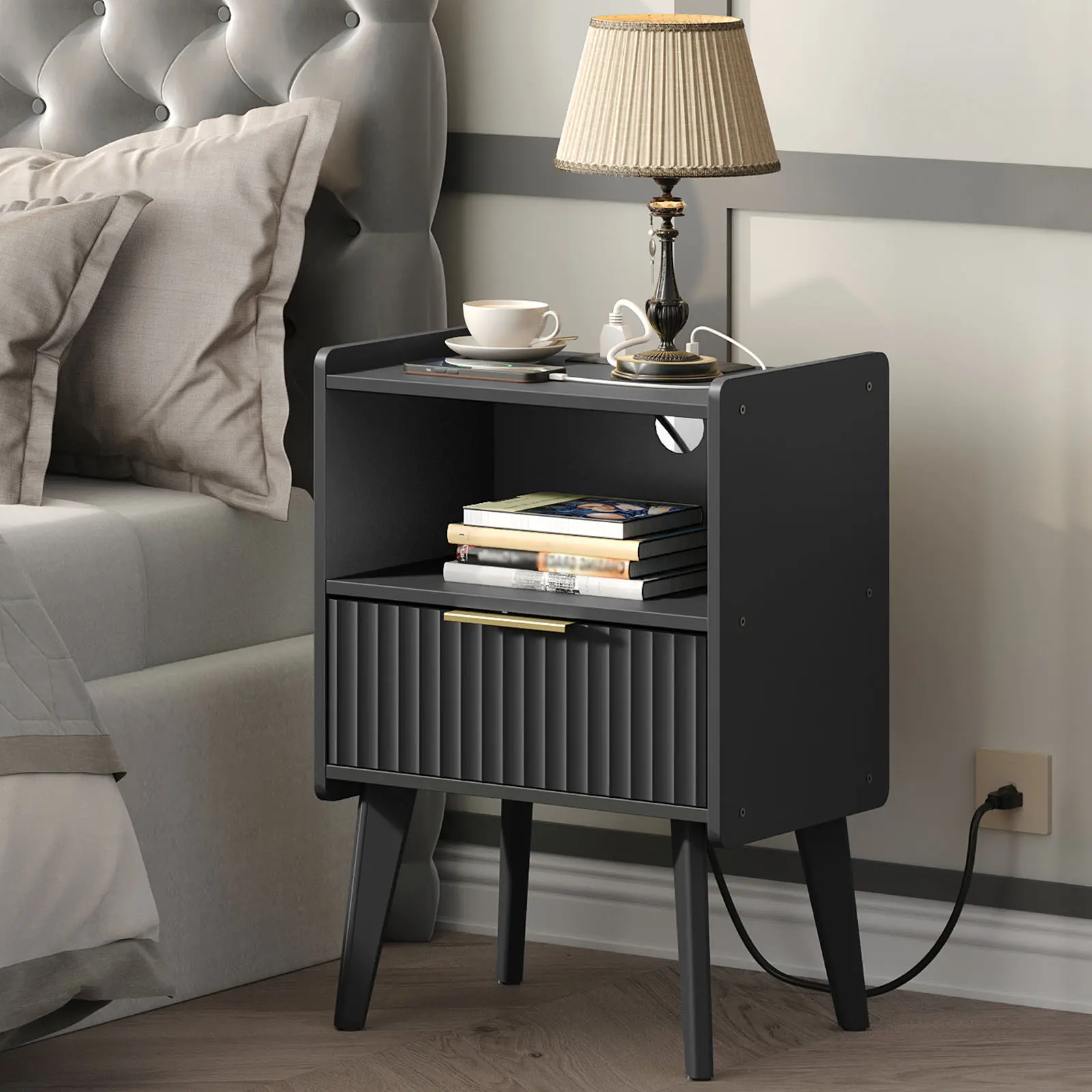 MAHANCRIS Fluted Nightstand - Small Modern Bedside Table with Charging Station & Drawer, Black End Table for Small Spaces, Bedroom, Living Room