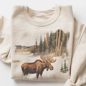 [SALE UP TO 45%] Retro Moose Crewneck, 90s Aesthetic Wildlife Sweatshirt, Vintage Style Winter Scene Pullover, Mountain Nature Sweater