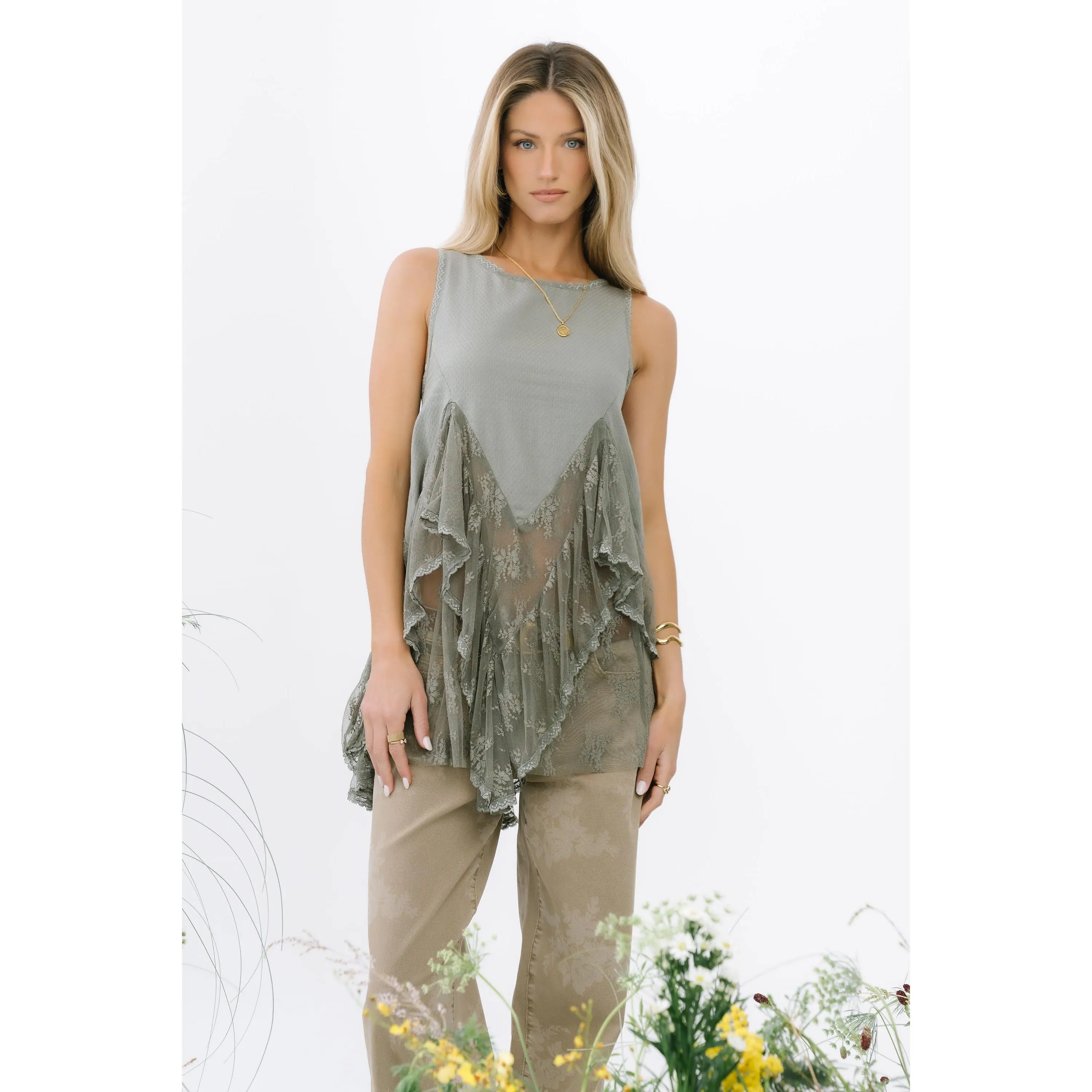 Mariana Lace Tank Top in Olive