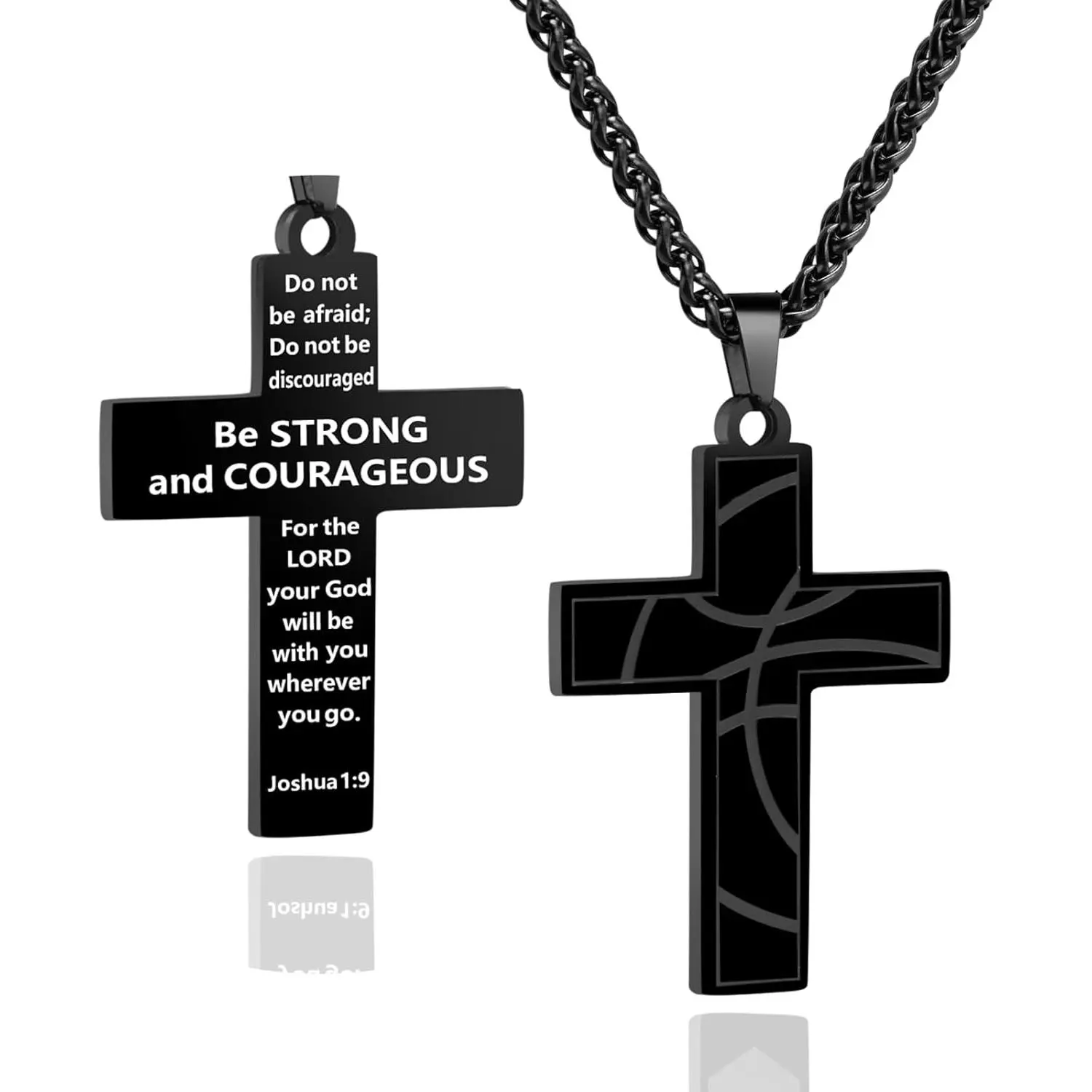 Soccer Baseball Basketball Football Cross Necklace for Boys Men, Inspirational  Verse Cross Pendant Black Stainless Steel Chain Chain 22+2 inch Religious
