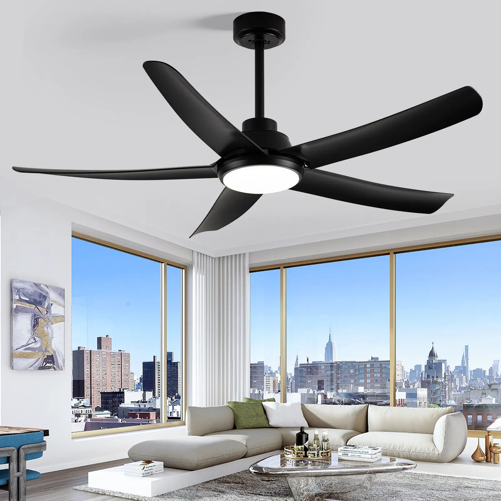 54 Inch Outdoor Ceiling Fans for Patios with Light Remote Control,Modern Black Waterproof 5 ABS Blades Ceiling Fan with Quiet Reversible DC Motor, Damp-rated Indoor Lighting Exterior High CFM Ceiling Fan for Porch Gazebo Living Room Bedroom, 8252 CFM