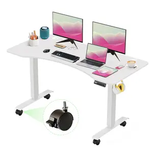 Curved Electric Standing Desk with Wheels Adjustable Height from 27''-45'' Ergonomic Sit Stand Up Desk Computer Workstation for Home Office 48/55/63 inches Easy Movement