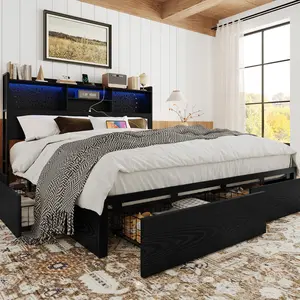 [Summervibes] Belffin Queen Platform Bed Frame with 6 Storage Drawers, Rustic Headboard, LED Lights & USB Charging Station, Heavy Duty Wooden Bed, Easy Setup, Vintage Black