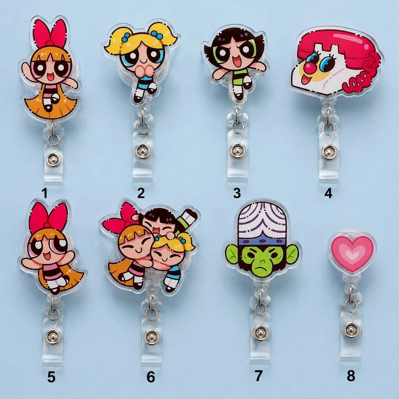 Vintage Powerpuff Girls Blossom Bubbles Buttercup Mojo Jojo Cute Acrylic Badge Reel ID Holder Nurse Teacher Office Clips
