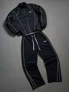 Base Trim Retro Sportswear Set, Casual Sportswear, Stand Collar Zipper Jacket + Wide Leg Pants Two Piece Set, Vintage Style Athletic Sweat Suit Workout Set Athletic Sports Clothing