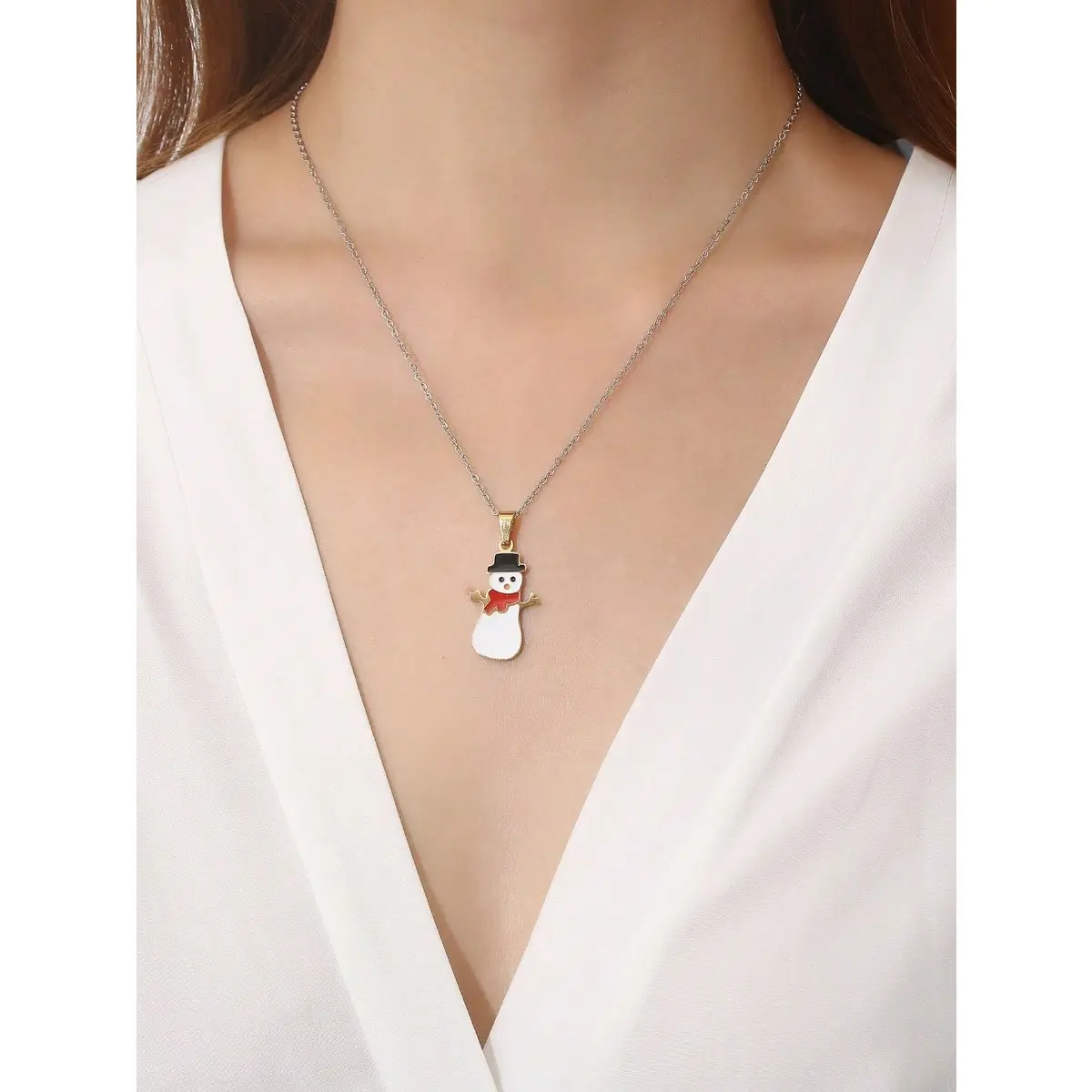 Women's Stainless Steel Christmas Snowman Pendant Chain & Link Necklace, Cute Creative Design, 1-Size Female Fashion Accessory, Ideal Gift for Girlfriends, One Size