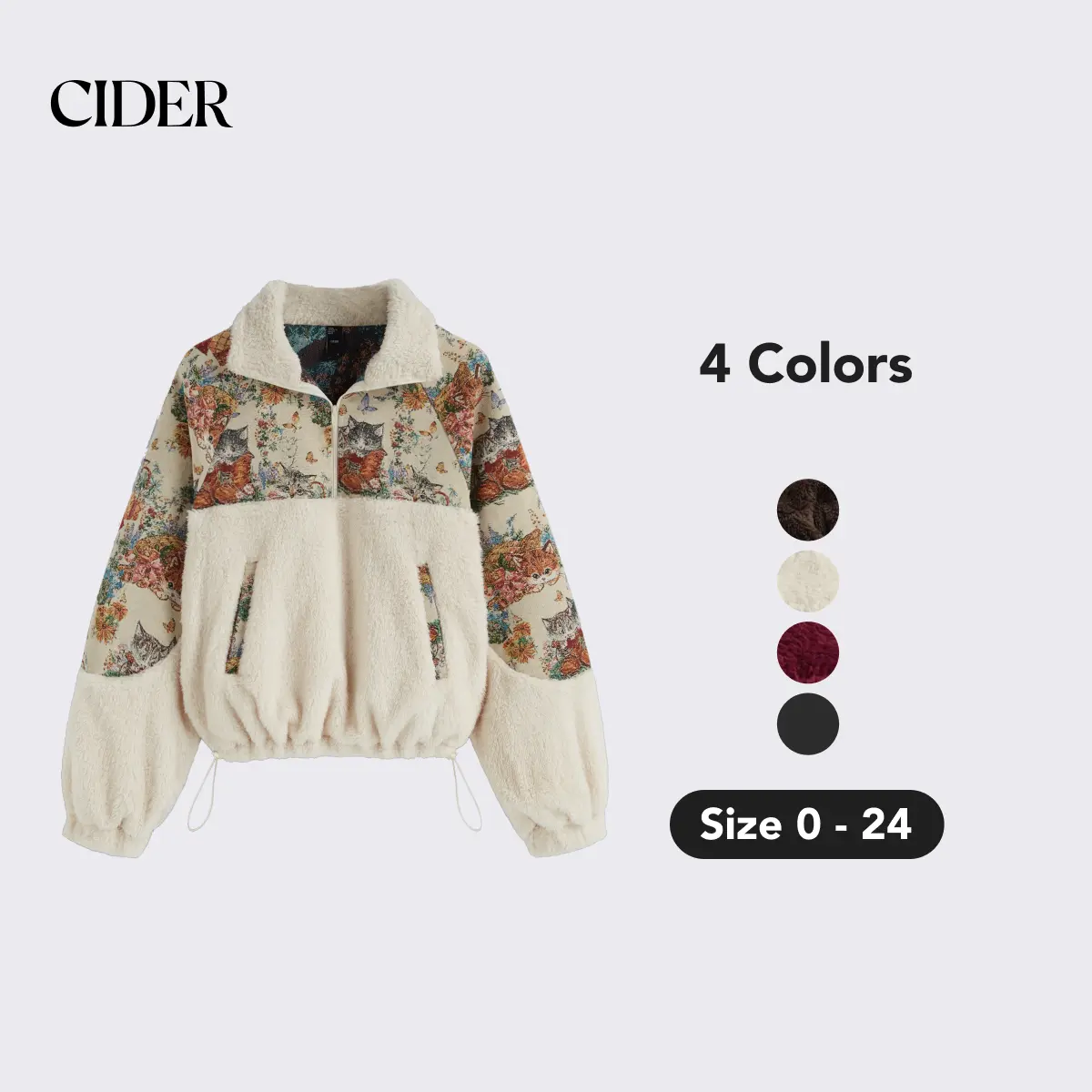 Cider Fleece Collar Floral Cat Knotted Sweatshirt With Adjustable Drawstrings, Christmas Gift Guide, Womenswear Grandmacore [LIVE ONLY] SummerFinds