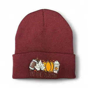 HABIBIS ENTERPRISE LLC Unisex 100% Acrylic Fall Beanie Hat - "Tis The Season" Embroidered Design, 12 in Cuff Length, 1-Size-Fits-All Cozy Fashion Accessory