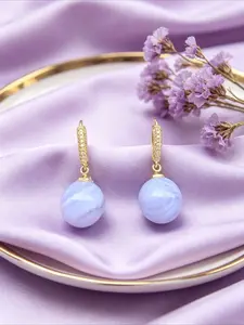 Natural Blue Veined Agate Earrings, Micro Set Zircon Ear Hooks, Light Blue Chalcedony Round Beads, Luxury High-End Jewelry