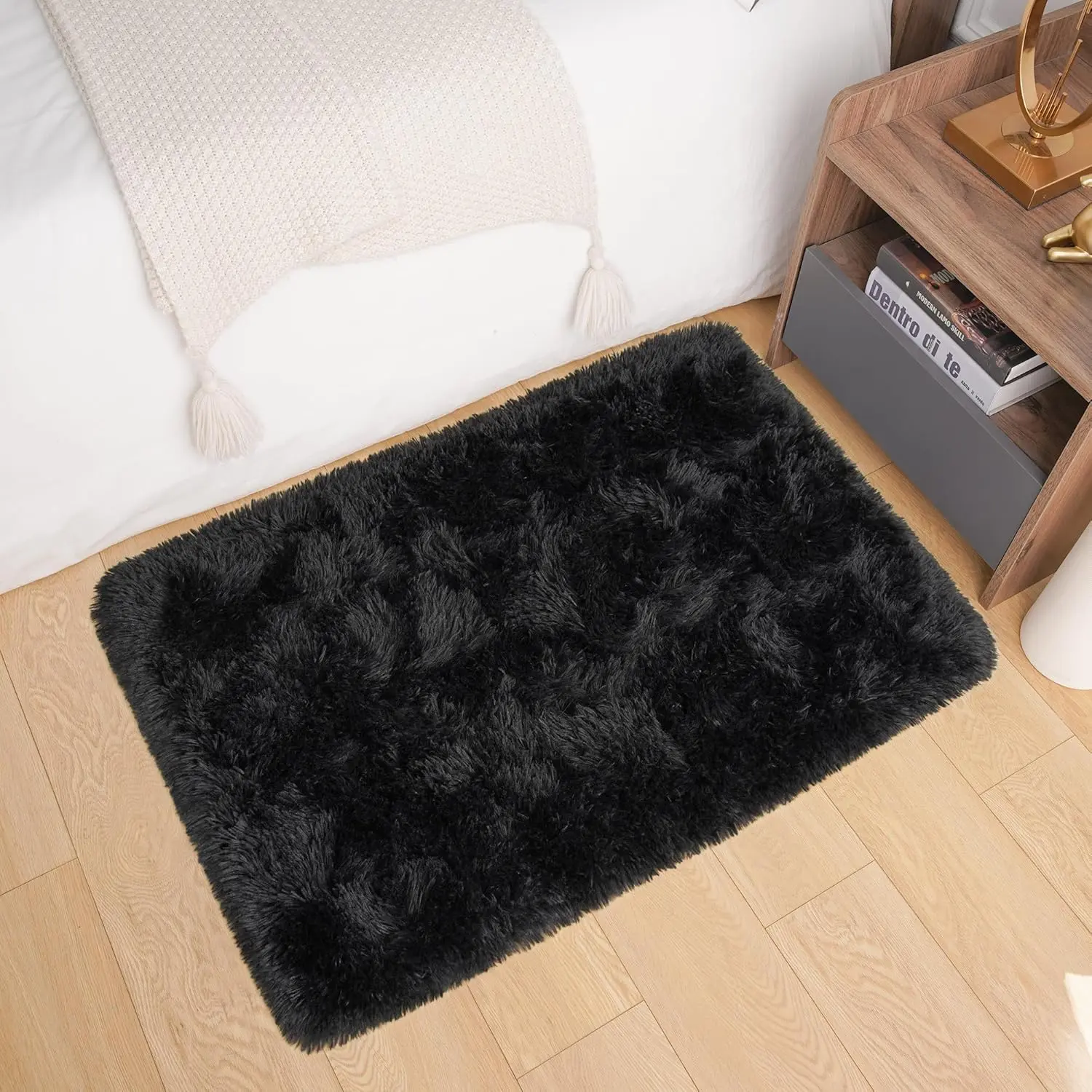 Fluffy Small Black Rug for Bedroom, 2x3 Shaggy Carpet, Thick Throw, Fuzzy Dorm, Soft Indoor Floor for Kids Room Decor Aesthetic