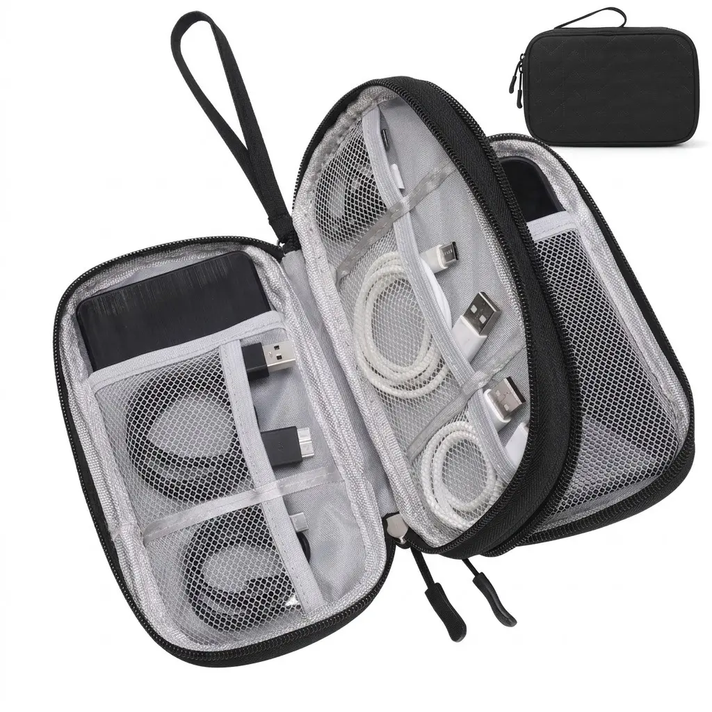 Double Layer Compact Lightweight Tech Storage Bag - Portable Anti-Tangle Cable Organizer Pouch for Charger, Earphone, USB Drive, External Hard Drive, Phone Accessories | Home Desk Organization Essential for Travelers, Multi-Compartment