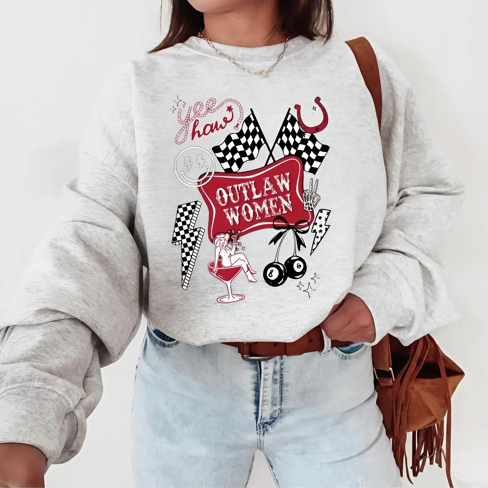 Cowgirl Outlaw Women Western Sweatshirt, western clothing, crewneck western outfits women’s clothes, country western tops, sweatshirts for women, western graphic tee women, vintage graphic tee, cowgirl sweatshirt, vacation outfit, gift for women
