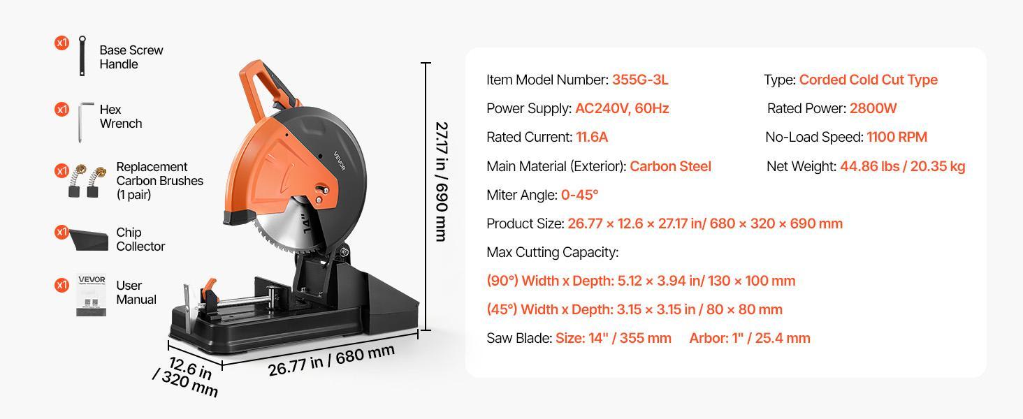 【BackToSchool】VEVOR Chop Saw 14-inch Cold Cut Blade 2800 W Powerful Motor Cut Off Saw, For Cutting Metal, -45° to 45° Adjustable Angle, Efficient Dry Cutting, with Thickened Blade Guard and Chip Collection Box