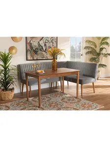 212 MAIN 3-Piece Rectangular Mid-Century Modern Velvet Upholstery & Wood Frame Dining Nook Set, Channel Tufting Velvet Seats, Grey & Walnut Brown