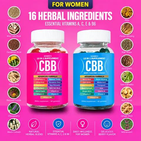 CBB 16-Herb Wellness Gummies Supplement, Vitamins A,C,E & B6, Edible Dietary, Gluten-Free Berry Flavor, 120 Daily Gummies for Women