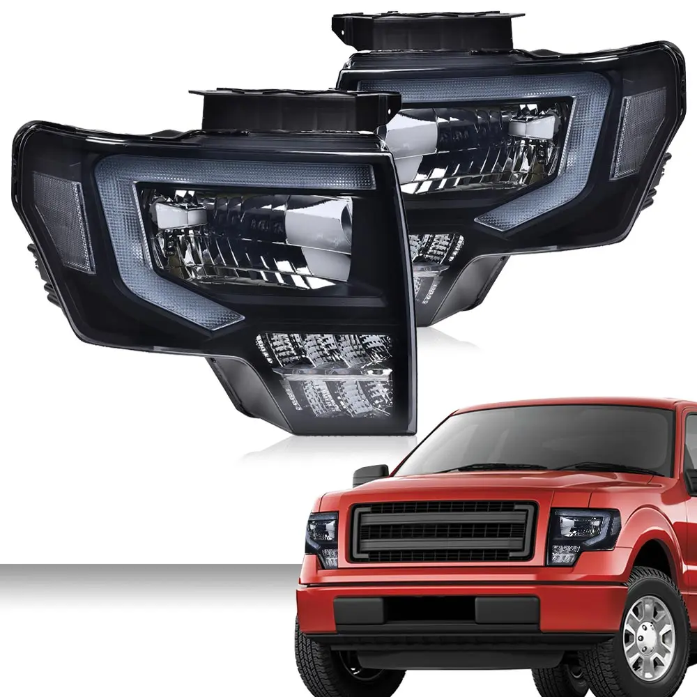 LED DRL Smoked Headlights Assembly Pair Set Fit For Ford F150 2009-2014 Aggressive Blackout Matte Finish Bolt-On Easy Install Front Upgrade