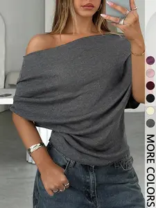 Women's Summer Autumn Plain Casual Asymmetrical Shoulder Batwing Sleeve Knit T-Shirt, Loose Fit Drop Shoulder Short Sleeve Top