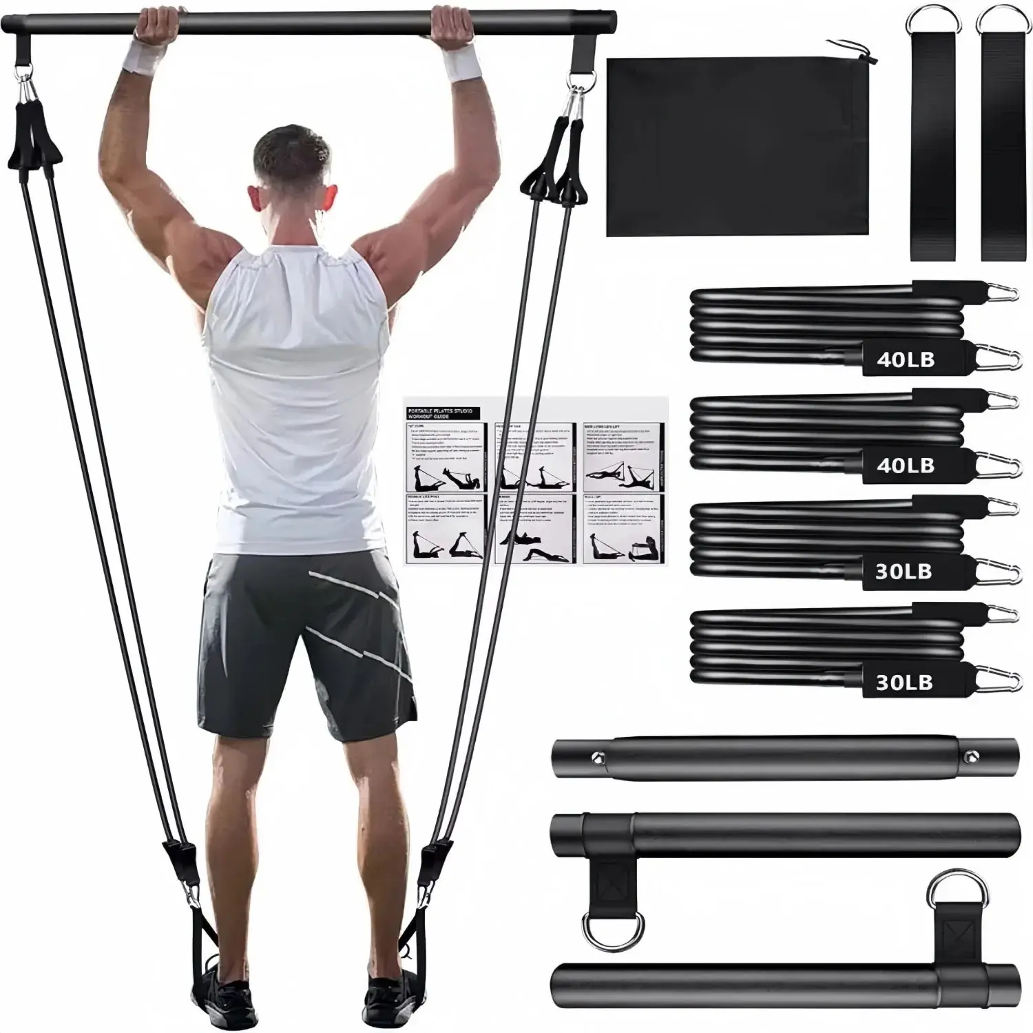 Portable Yoga Pilates Bar Stick with Resistance Bands, Home Pilates Equipment for Strength Training, Muscle Toning & Stretching Home Gym Fitness Tool, Strength Bands