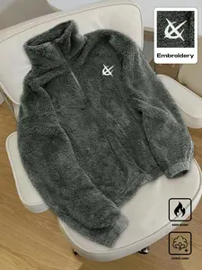 Men's Dark Gray Half Zip Sherpa Fleece Pullover, Embroidered Stand Collar Long Sleeve Warm Sweatshirt for Casual Daily Home Wear Fall Winter Embroidery