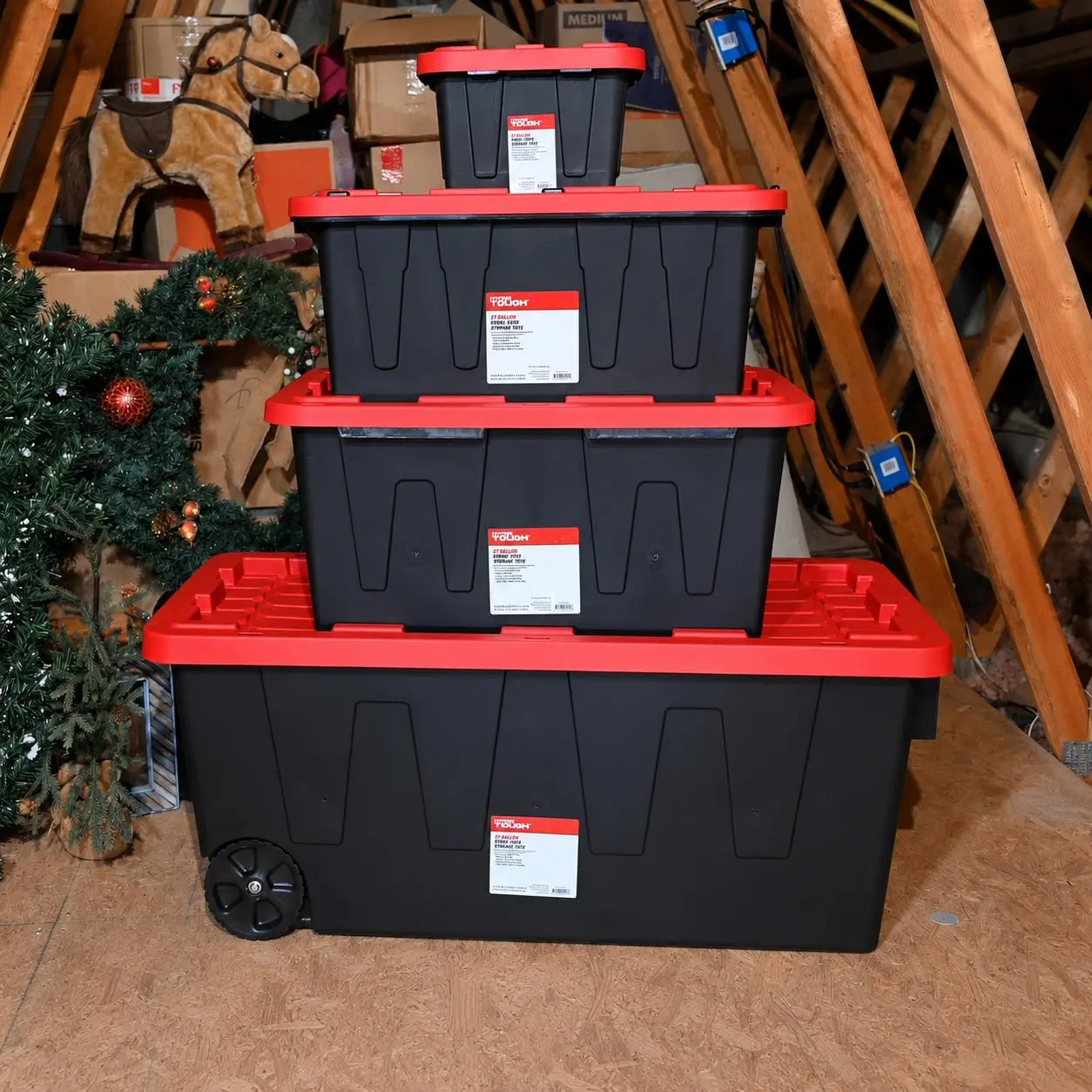 Pack of 4 27 Gallon Heavy Duty Plastic Storage Bins with Snap Lids Black and Red Stackable Storage Containers