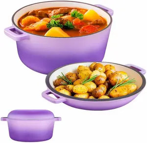 Bruntmor 2-In-1 Enamel Cast Iron Dutch Oven with Handles - Crock Pot Purple Cast Iron Pot with Skillet Lid - All-In-One Cookware Braising Pan for Casserole Dish - 5 Quart, Purple