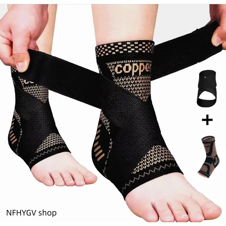 2-Pack Copper Infused Adjustable Compression Ankle Sleeves For Achilles Tendonitis And Plantar Fasciitis, Support Guards To Relieve Ankle Swelling And Sprain Discomfort