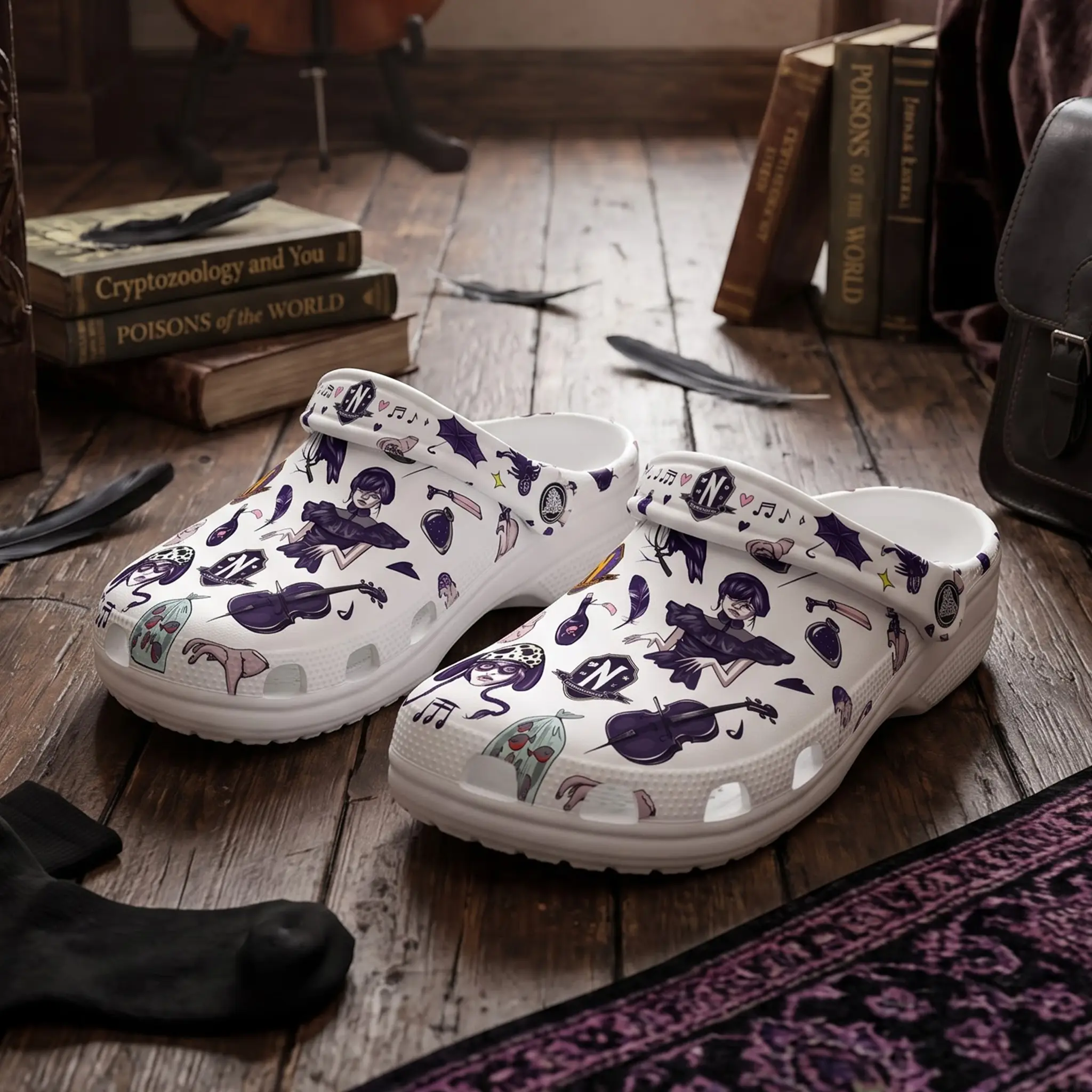 [No Box] Gothic Wednesday Addams Clogs | Unisex Casual Lightweight Water Shoes | Spooky Slip-On Shoes | Halloween Gift for Fans