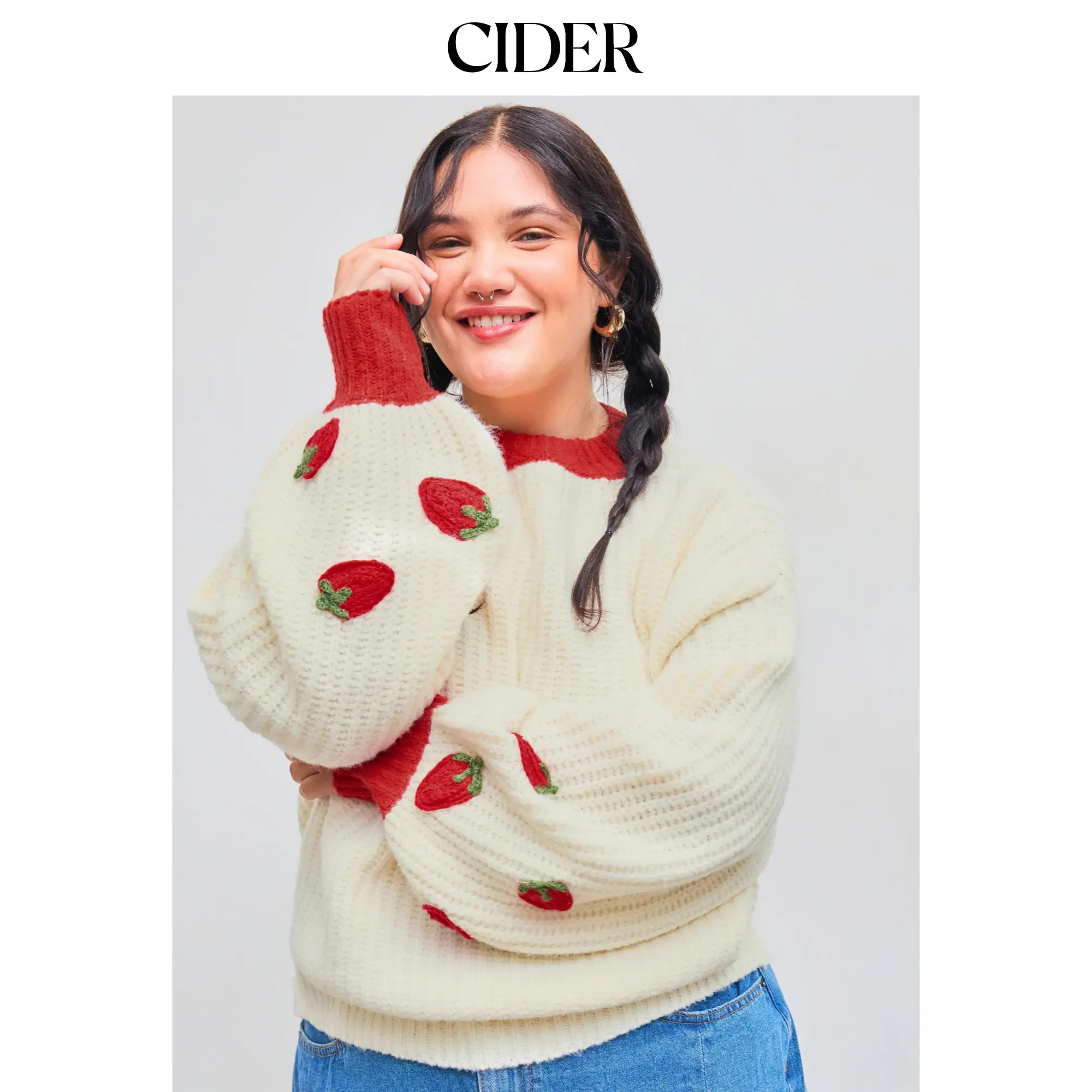 Cider [2 colors, size 2-24] Knit Round Neckline Strawberry Contrasting Binding Sweater Curve & Plus, Knitwear, Tops, Casual, Women, Long Sleeve