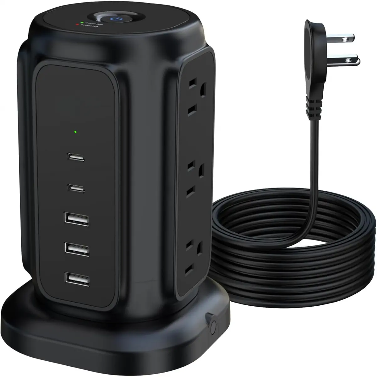 AiJoy USB C Power Strip Tower - 9 AC Outlets, 5 USB Ports, Flat Plug 1625W Capacity Extension Cord, 1200J Surge Guard, Surge Protection Charging Station for Tablets, Study Desk Devices, Home Office Use