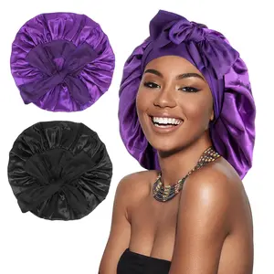 Pack of 2 Satin Sleeping Bonnet, Large Satin Sleep Bonnet with Long Strap, Adjustable Sleep Cap Hair Bonnet for Women & Men
