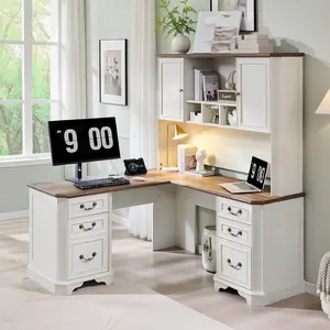 REDLEMON 59" Farmhouse-Style Wooden Bookshelf with Two Storage Cabinets, Home Office Computer Desk with File Cabinet Storage