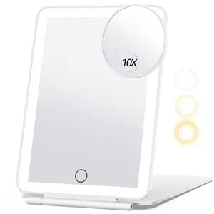 Rechargeable Portable Lighted Makeup Mirror LED Light, Mirror With Lights, Travel Lighting 1x/10x Magnification 3 Color Illumination Adjustable Touch Screen Desktop Folding Long Lasting Battery Office Trip Essential Gift For Girlfriend