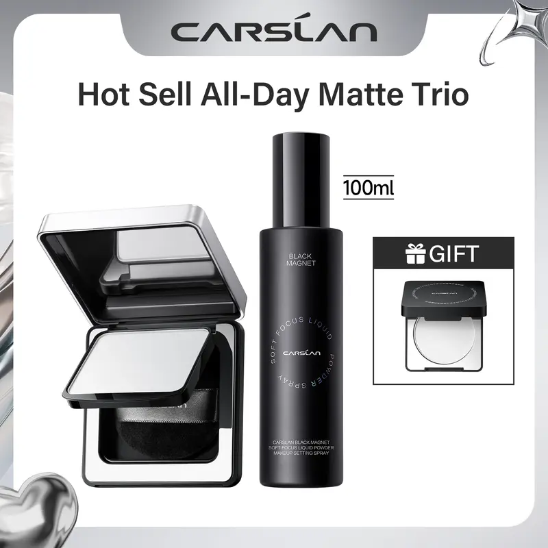 [2.0]CARSLAN Black Magnet Soft Focus Powder+Liquid Powder Makeup Setting Spray, 24HLongglasting, Oil Control, Waterproof, Sweatproof, Poreless Summer Hot Sell All Day Matte Trio