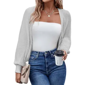 Women's Cardigan Shrugs Long Batwing Sleeve Knitted Cropped Bolero Open Front Casual Elegant Cardigans for Dresses