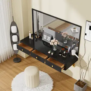 47" Wall-Mounted Vanity Desk, Multi-Purpose Floating Makeup Table with 3 Drawers, Floating Vanity Shelves for Bedroom, Bathroom, Hairdressers, Black and Golden