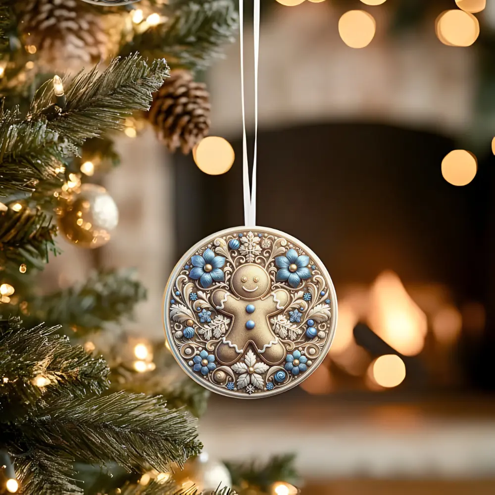 Gingerbread Man Ceramic Ornament - Round, Smooth, Glossy Finish, Lightweight, Durable Christmas Festive Home Decor, Decorative Family Gift with Gift Tags and Gold Hanging String