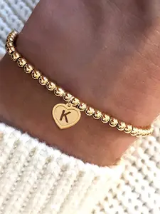 Heart-Shaped Hollow Initial Pendant Bracelet, Fashionable Simple Copper Bead Jewelry, Women's Casual All-Season Accessory