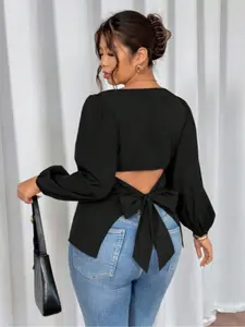 Elegant Plus Size Women's Long Sleeve Shirt Blouse, Back Tie Bow Design, Casual Spring & Fall Top, Comfortable Fit, Stylish Ladies' Clothing