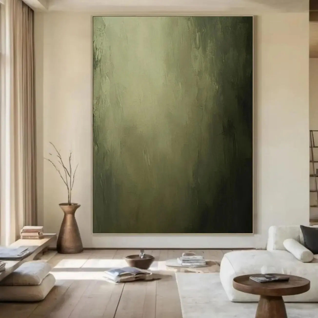 Large Green Abstract Wall Art, Minimalist Wabi-Sabi Canvas Print, Contemporary Living Room Decor | Unframed K